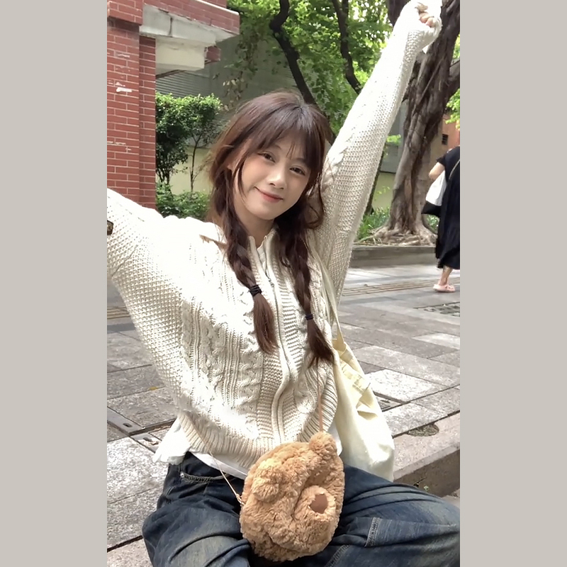 慵懶風復古麻花拉鏈毛衣外套女秋冬2023新款日系寬鬆針織開衫上衣