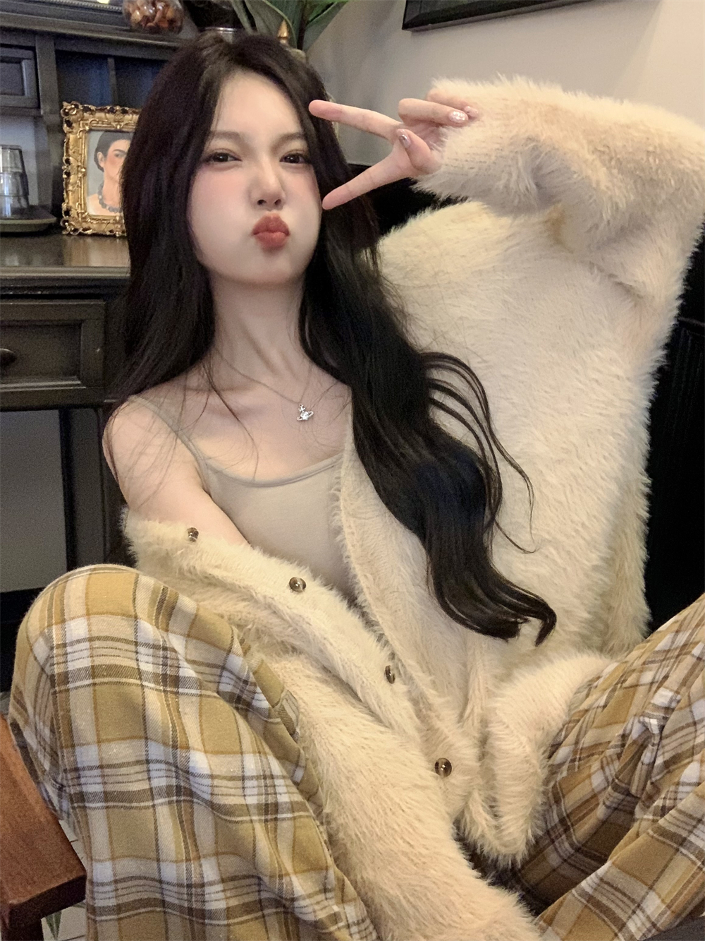 Real shot of soft and waxy loose long-sleeved sweater jacket, versatile apricot small suspenders, casual yellow plaid pants three-piece set