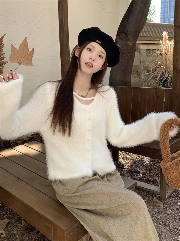 不規則小心機軟糯水貂毛外套毛衣女秋冬寬鬆溫柔風長袖上衣