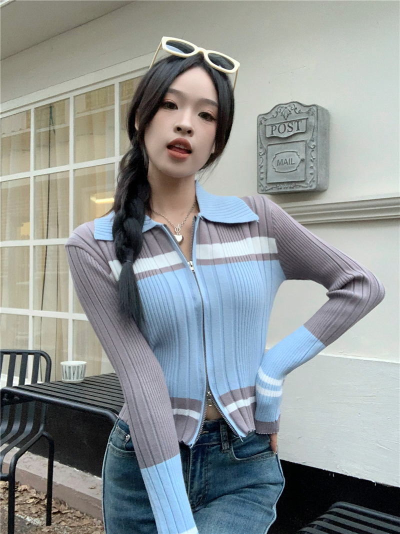 實拍復古小眾撞色長袖針織衫女修身顯瘦雙拉鏈開衫polo領上衣