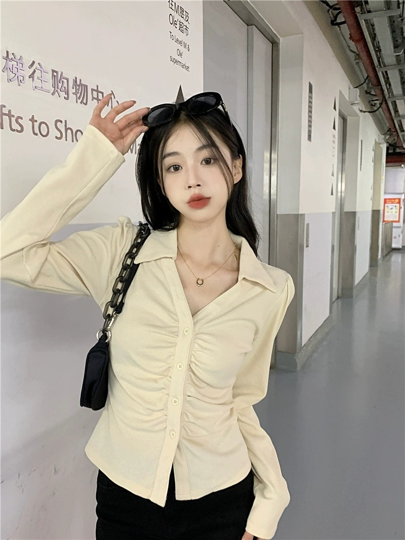 超火微胖秋季翻領褶皺長袖正肩襯衫女胖MM設計感小眾收腰顯瘦上衣