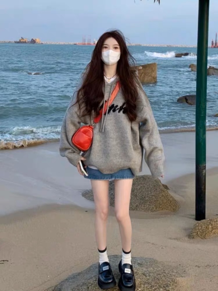 AHPH22AW國潮牌慵懶風連帽毛衣男女裝情侶2023冬季新款寬鬆針織衫