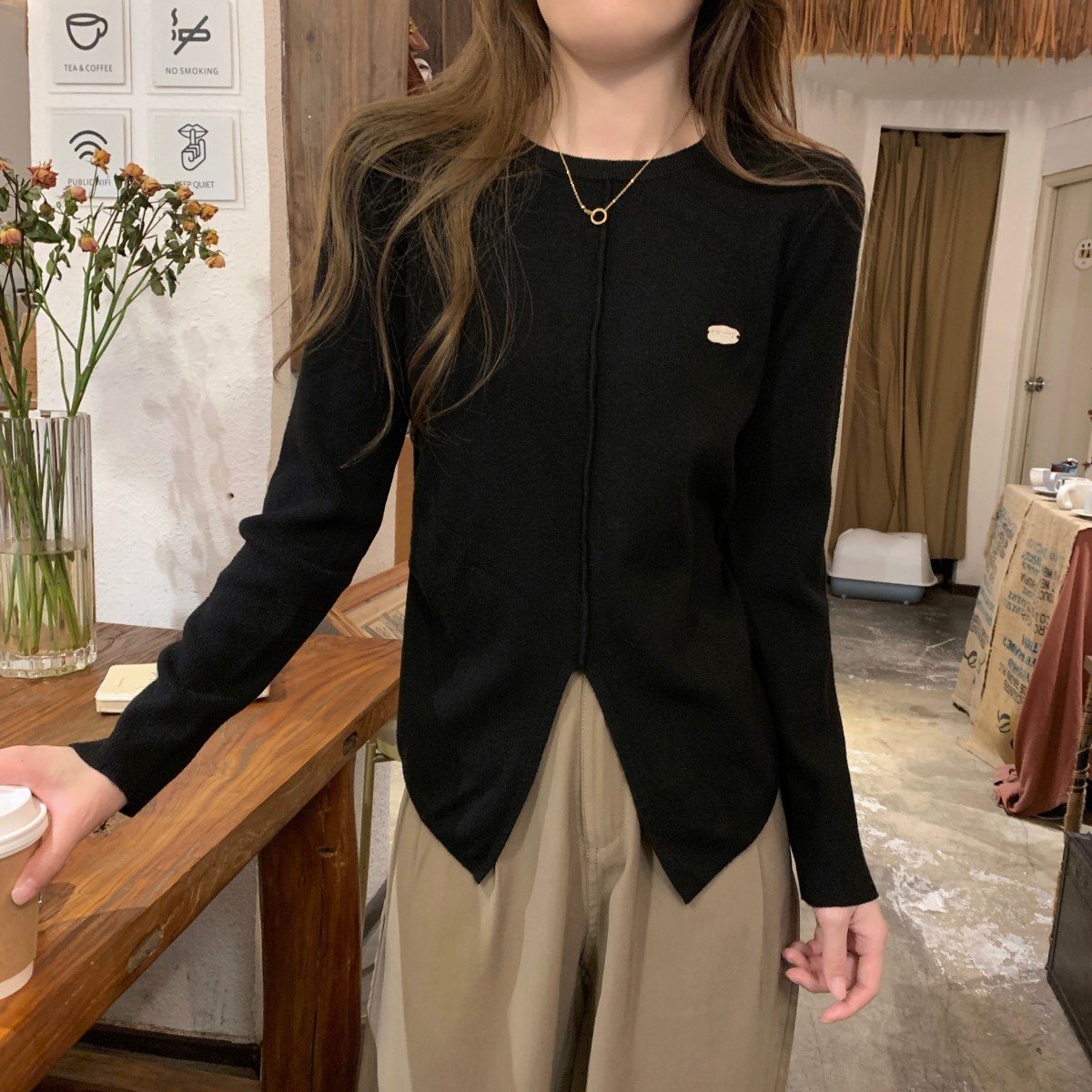 實拍 秋冬韓版修身氣質開叉設計感百搭北極絨打底針織女毛衣
