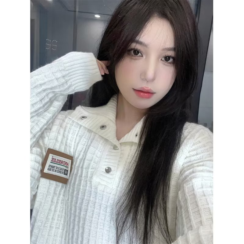 美式復古polo領套頭針織衫加厚毛衣女秋冬季設計感小眾寬鬆上衣