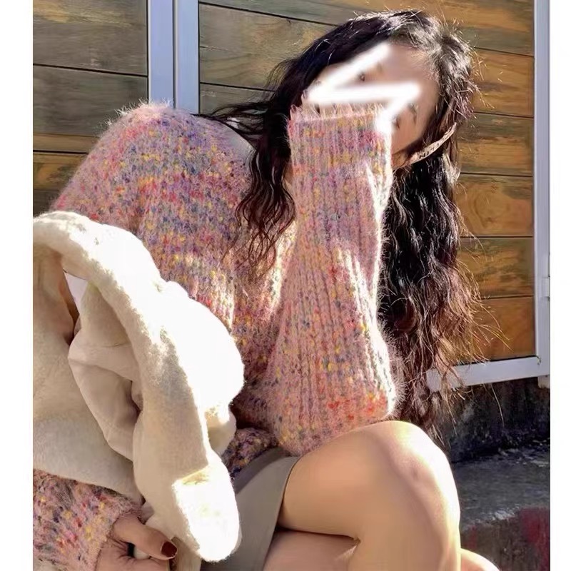 Super nice design rainbow dots pullover knitted sweater for women autumn and winter Korean style loose long-sleeved round neck top