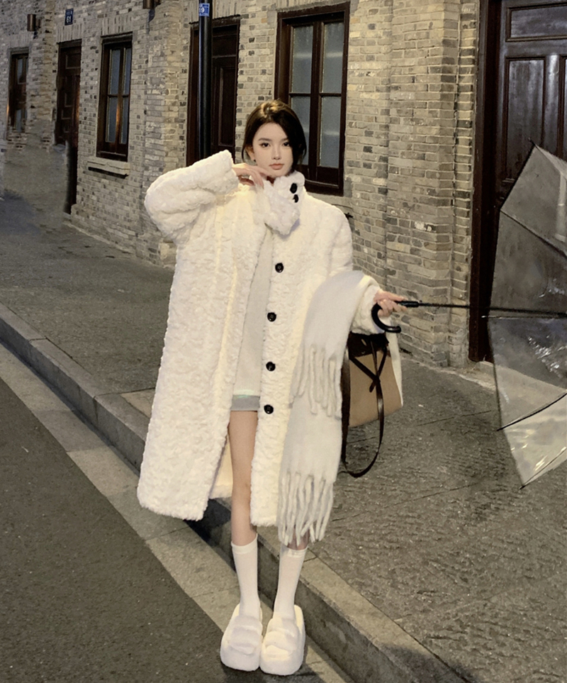 Korean style lamb wool mid-length cotton jacket for women