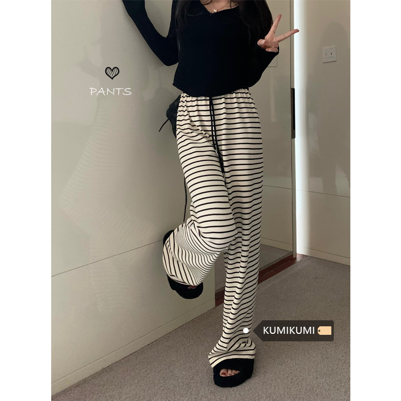 小個子條紋休閒褲女垂感闊腿褲拖地衛褲直筒褲春秋款寬鬆長褲子
