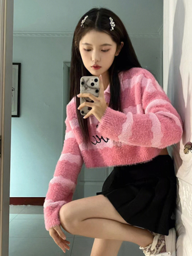 Pink polo collar striped sweater for women in spring, autumn and winter, loose outer wear, lazy design, niche short knitted top