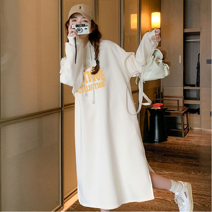Milk silk composite velvet pocket winter plus velvet extra large size 200 pounds double hood slit hooded dress