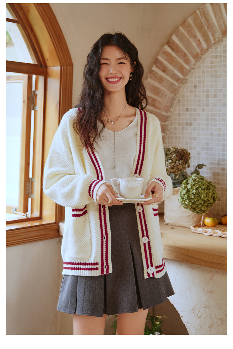 韓系春裝軟糯撞色V領針織開衫女溫柔寬鬆毛衣外套慵懶風