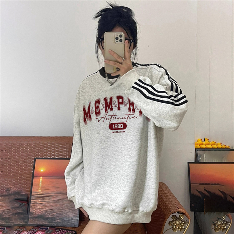 Shimaohua cotton composite milk silk 300g super soft silver fox velvet 400g front printed round neck three-stripe sweatshirt for women