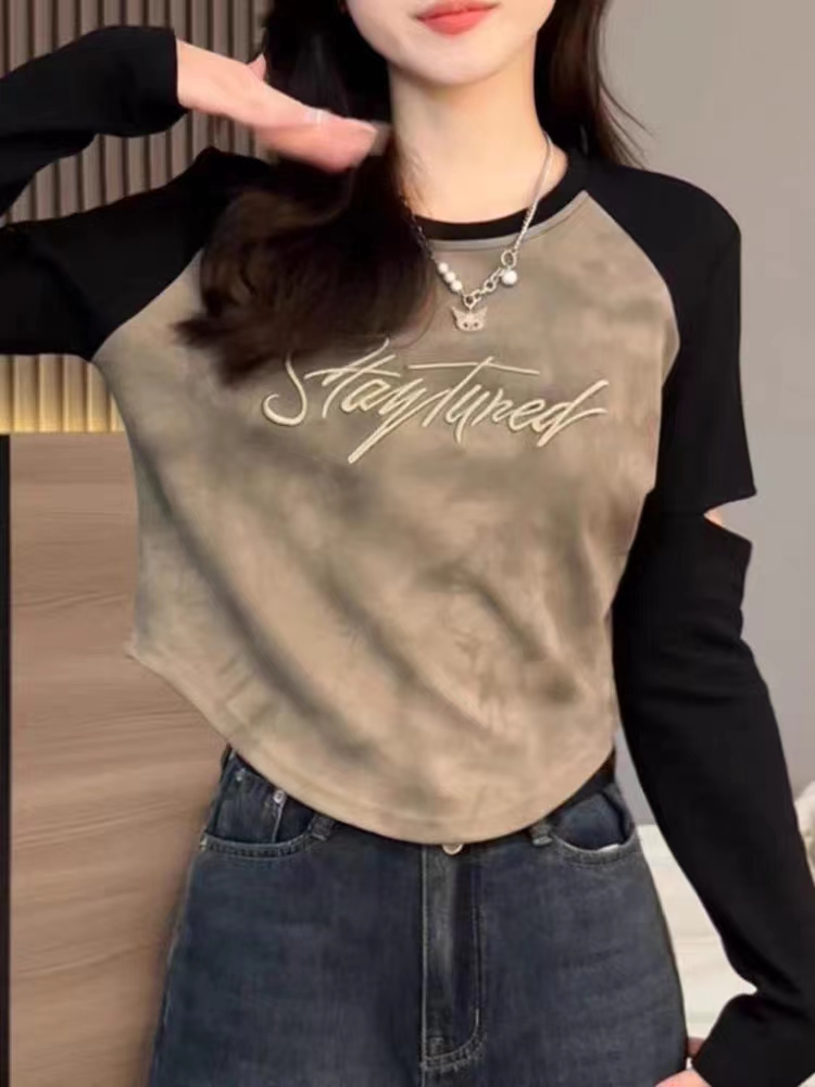 Maillard Style New Sweet Spicy Top Women's Contrast Color Old Embroidered Letters Cut Sleeves Right Shoulder Inside Long Sleeve T-Shirt