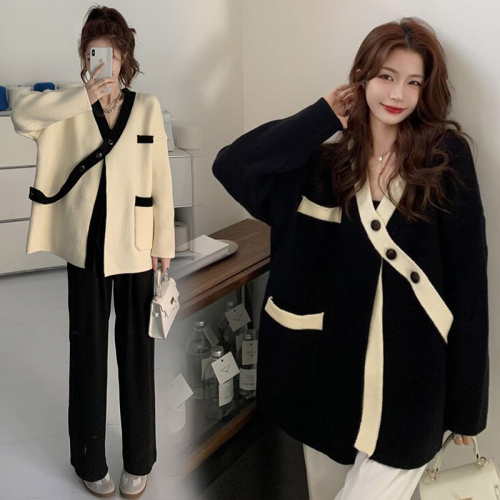 Autumn and winter new plus size women's clothing large plate Korean style mid-length chic button sweater coat sweater sweater