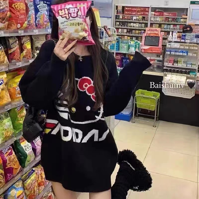 提花貓咪字母毛衣女秋冬高品質外搭純色寬鬆中長款針織衫卡通上衣