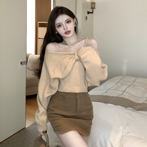 Actual shot of designer small off-shoulder sweater blouse, knitted tops for women, two-piece set