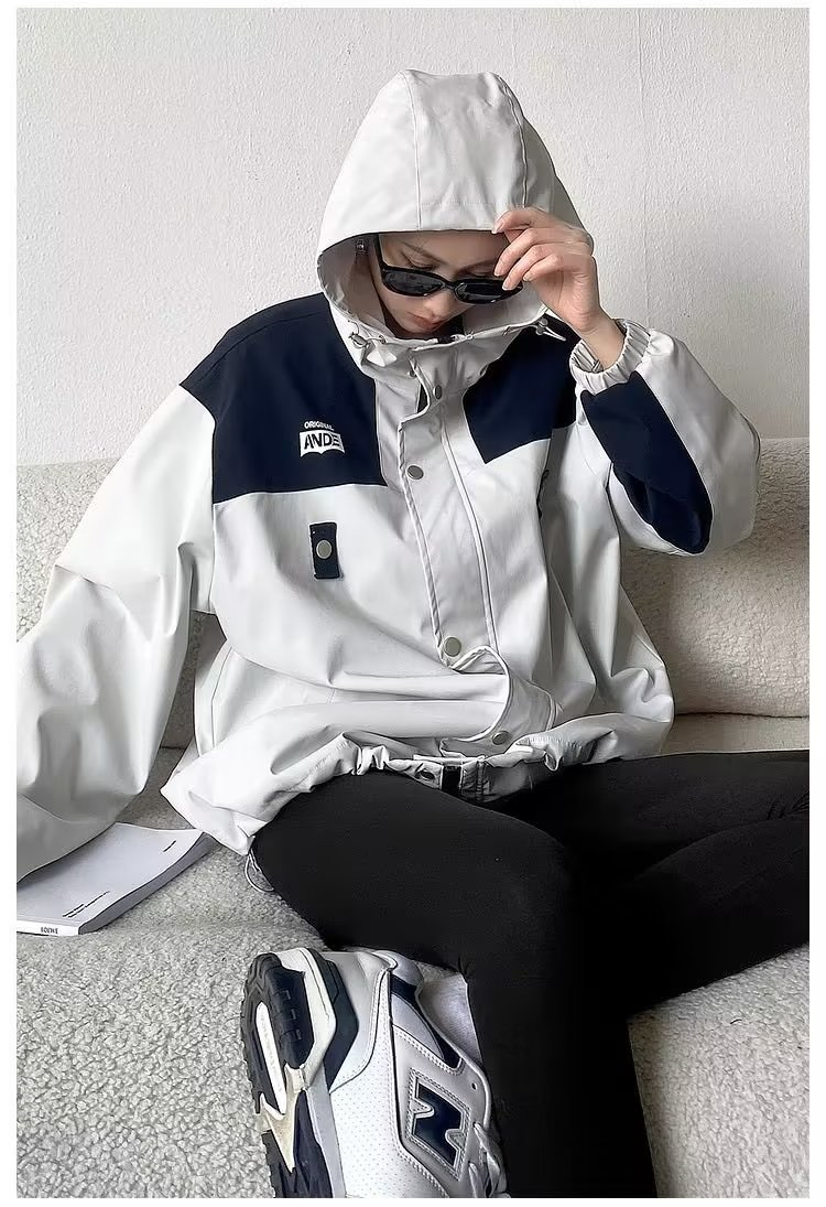 Spring and autumn waterproof jacket for women ins Hong Kong style loose hooded jacket oversize functional style couple jacket
