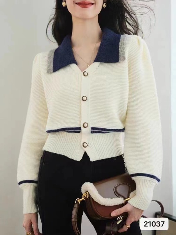 Autumn and winter retro contrast color doll collar lantern sleeve sweater, fashionable and age-reducing soft waxy sweater jacket for women cardigan