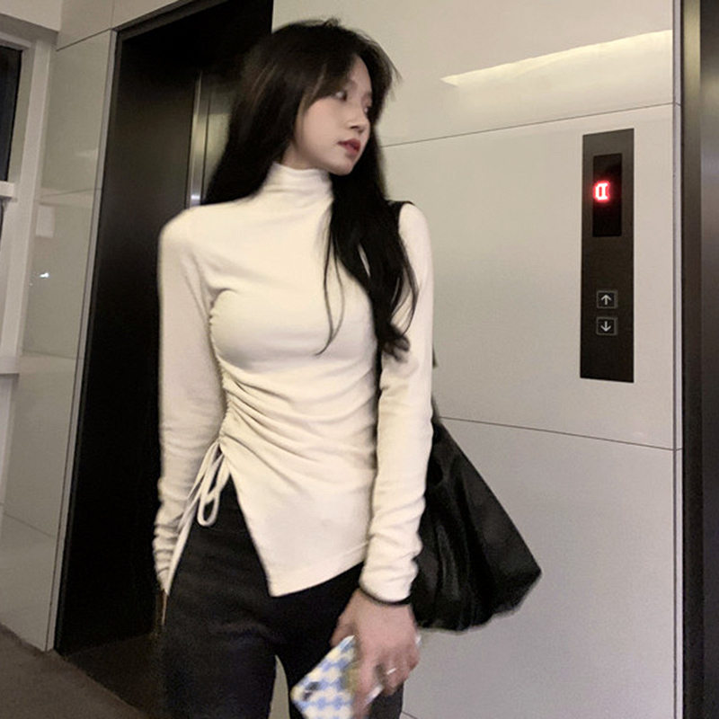 半高領打底衫女秋冬季甜美修身新款加絨內搭長袖德絨綁帶內搭上衣