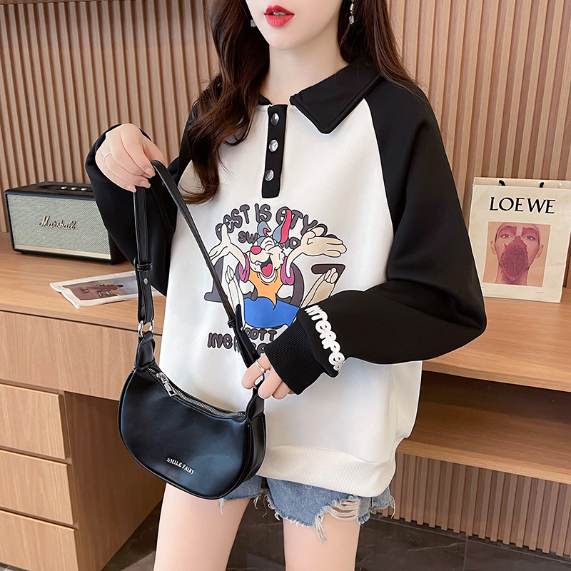 First real shot of 370 grams Chinese cotton shell velvet autumn and winter new sweatshirt for women Korean version contrasting color niche polo shirt top