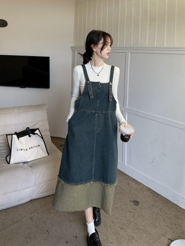 Autumn and winter dress women's design contrasting color high-end retro style French petite denim suspender long skirt