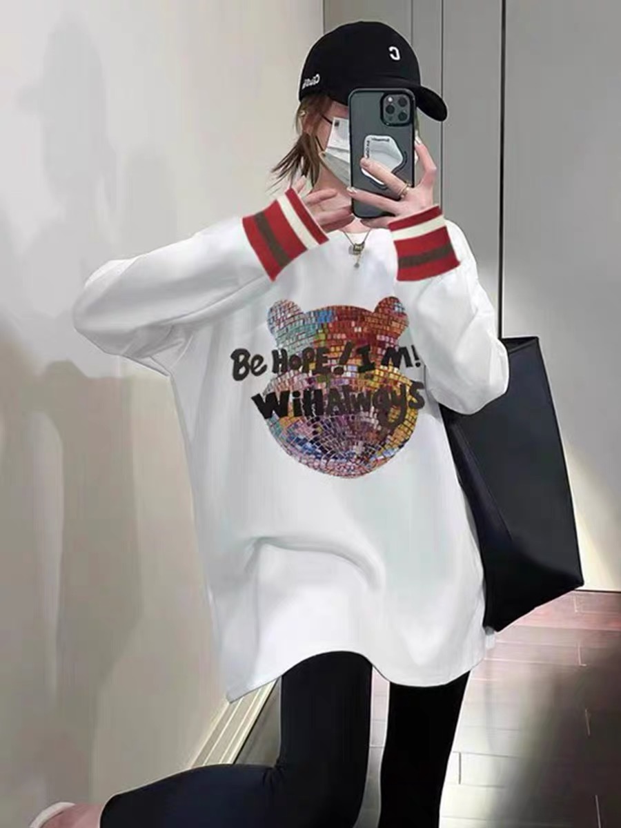 拼接卡通小熊圓領長袖T恤女秋季2023新款寬鬆百搭中長款打底上衣