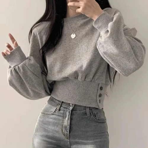 Polyester fish scale Korean autumn niche design round neck buttoned long sleeve short pullover sweatshirt top for women