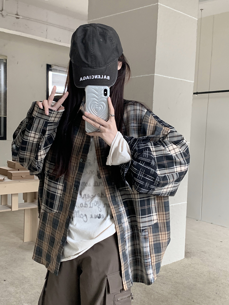 實拍  復古秋冬寬鬆撞色美拉德風拼接格子襯衫上衣