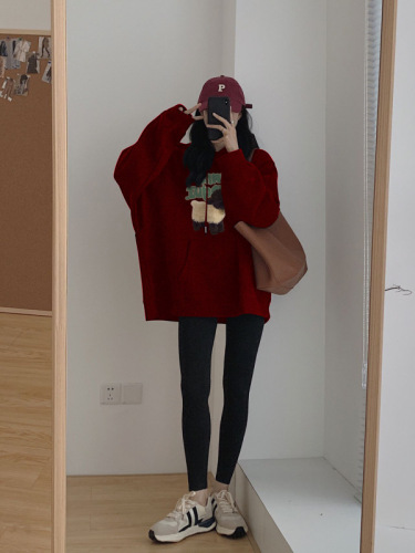 Velvet hooded sweatshirt women's  autumn and winter new style burgundy hiphop loose lazy style top