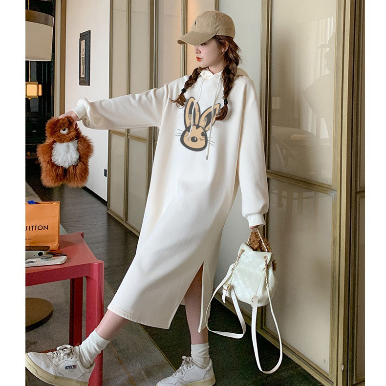 Milk silk composite velvet pocket winter plus velvet extra large size 200 pounds double hood slit hooded dress