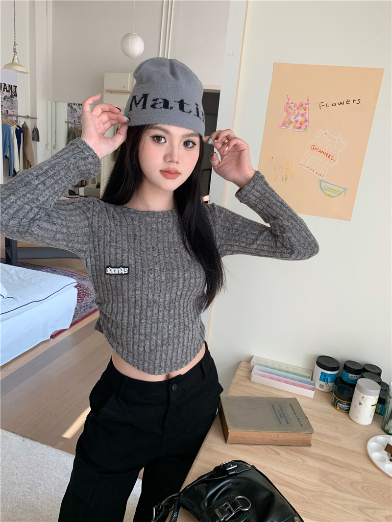 Real shot Designed plush waisted short long-sleeved T-shirt