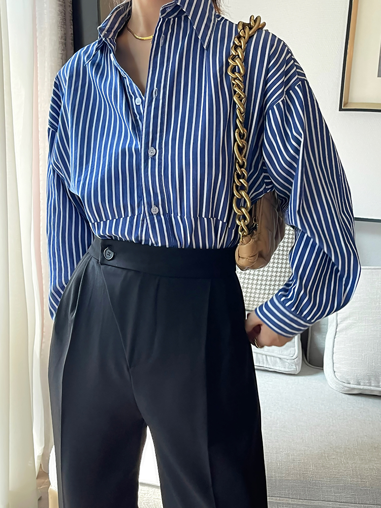 AYINGJIA blue and white striped shirt for women in autumn, simple and slim, versatile loose top, long-sleeved shirt