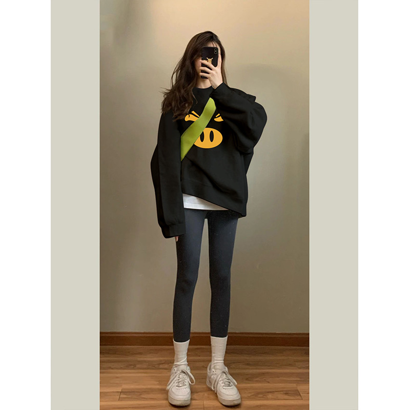 Velvet round neck sweatshirt women's 2023 autumn and winter new hiphop loose lazy style top