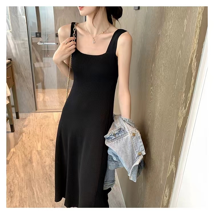 黑色打底針織吊帶連衣裙背心裙女大碼胖MM性感修身顯瘦長裙女秋季