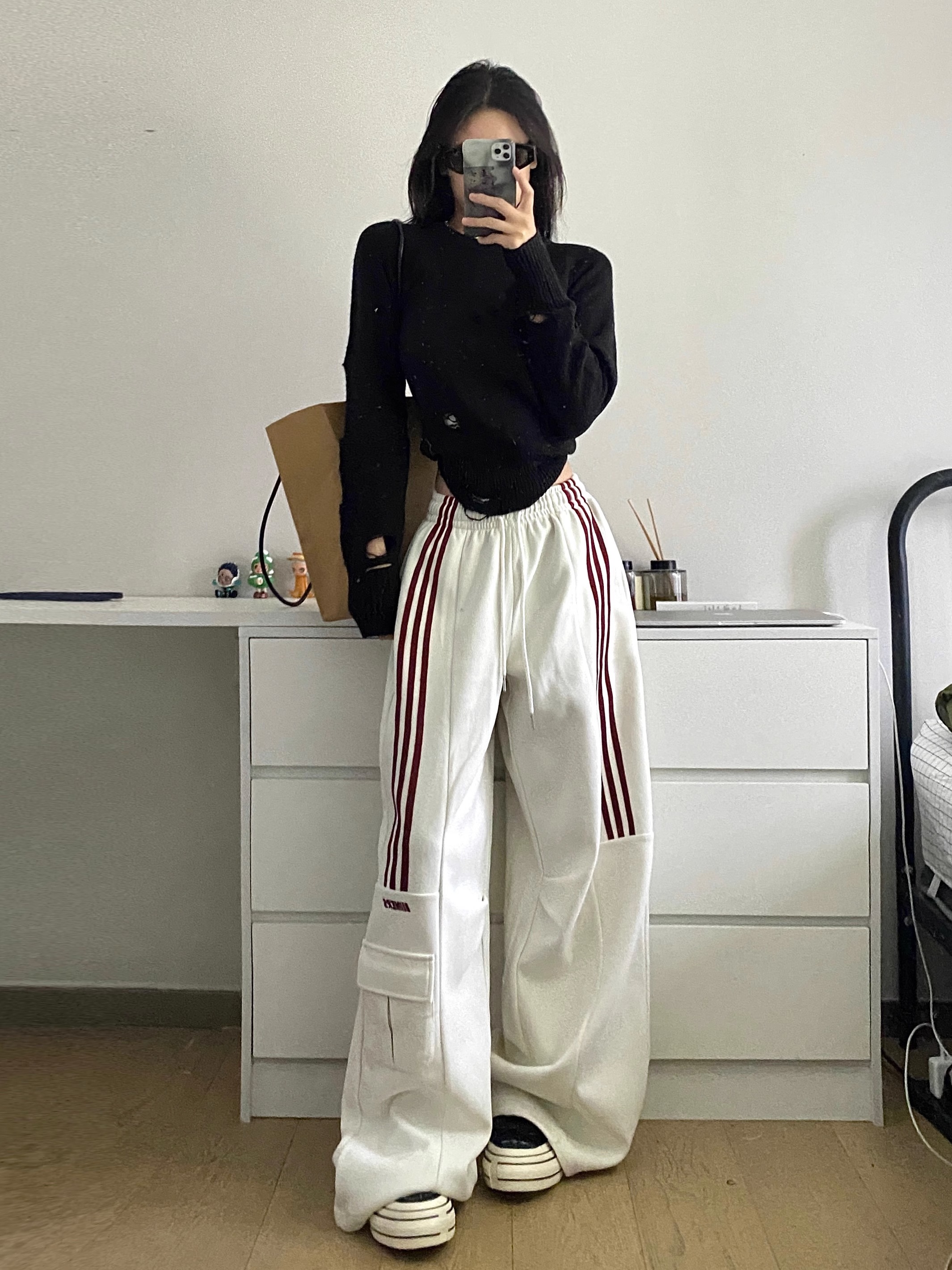 純棉華棉2023秋季新款美式三條槓休閒運動褲女