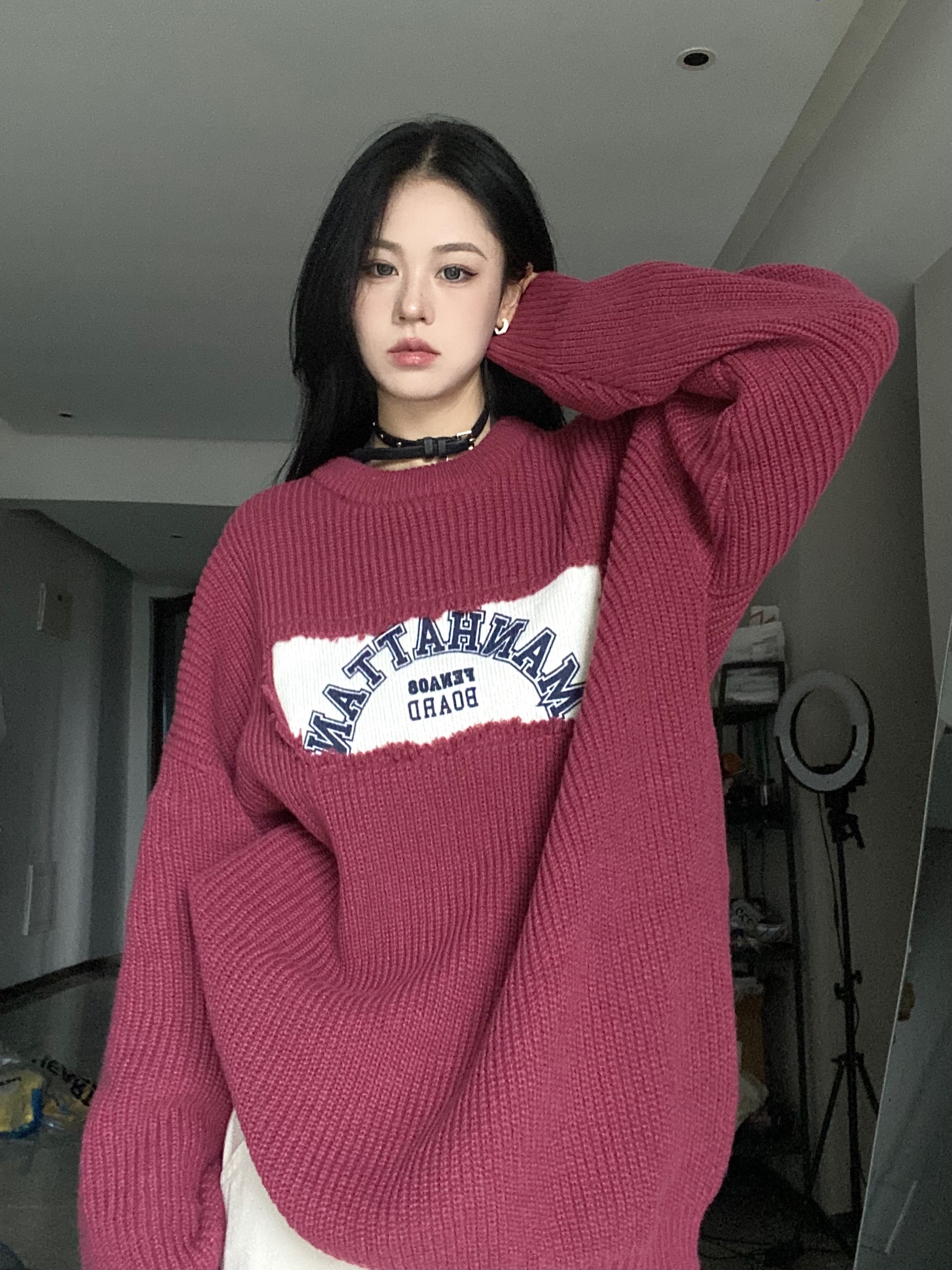 破壞感不規則拼接圓領針織毛衣設計感小眾休閒寬鬆顯白上衣女ins