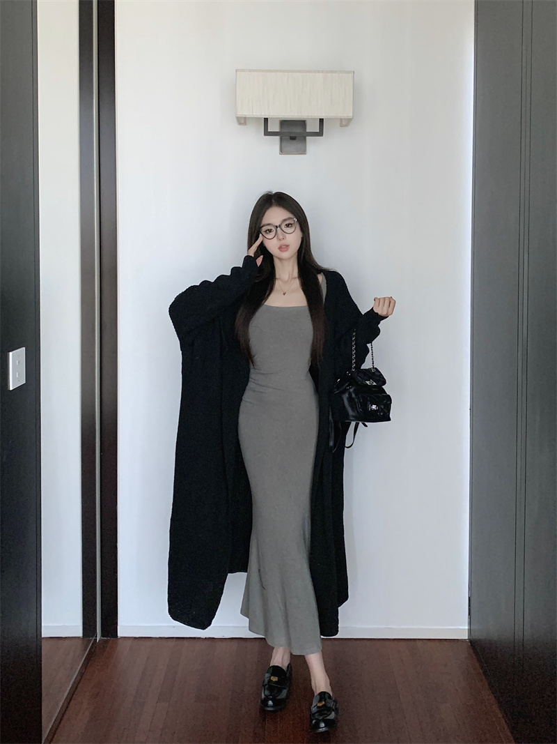 6285#Real shot Autumn new pleated waist dress lazy sweater jacket