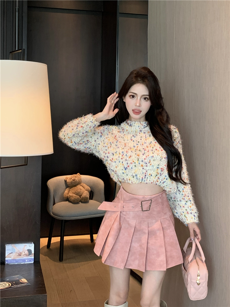 Real shot!  Autumn and winter colorful crocheted lazy style short sweater high waist pleated skirt