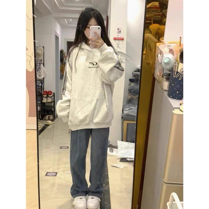 潮牌美式復古vintage連帽衛衣女秋冬加絨加厚oversize三條槓外套