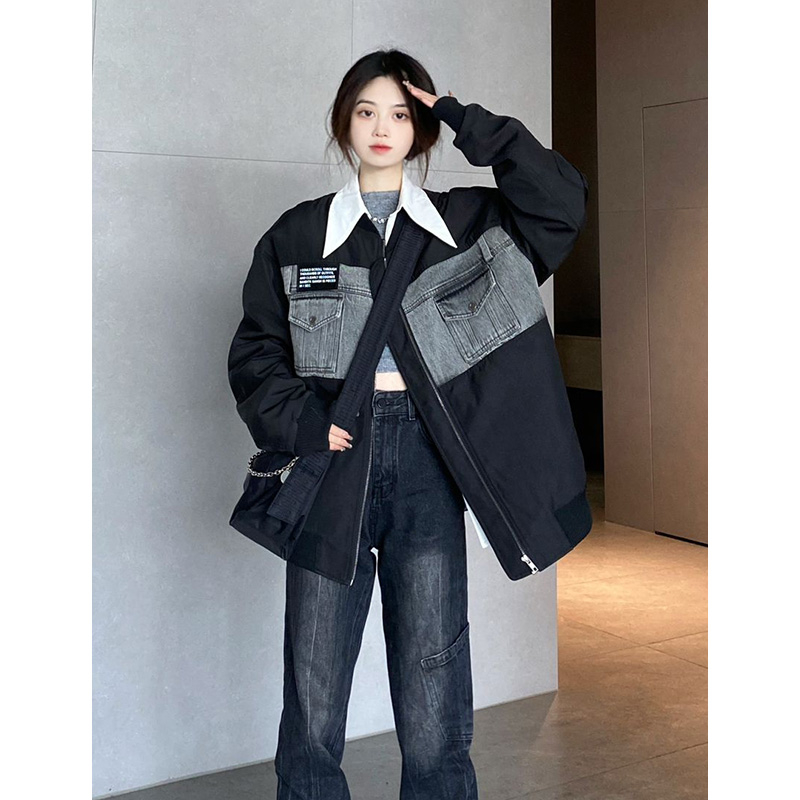 Original quality lining 200 pounds large size denim splicing trendy brand jacket for women