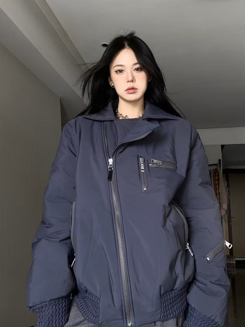 美式高街復古小眾斜拉鏈多口袋飛行夾克棉服男女潮牌寬鬆外套棉衣