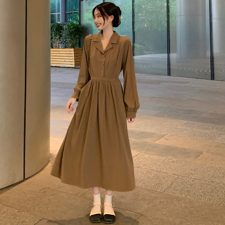 法式連衣裙女春秋季新款收腰顯瘦復古黑色長袖V領連衣裙女