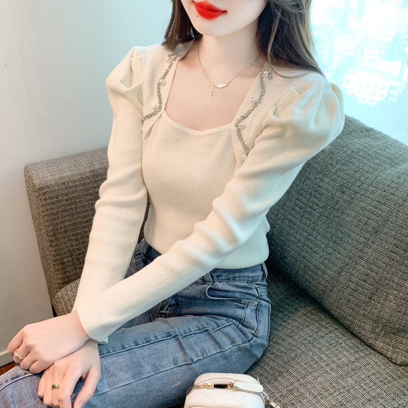 實拍泡泡袖毛衣女加厚冬季百搭內搭方領修身針織衫別致洋氣打底衫