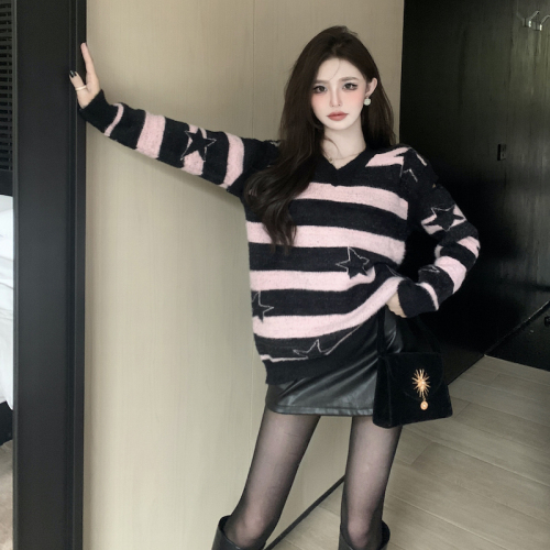 Real shot winter new style~Korean style star striped sweater long-sleeved detachable knitted top for women