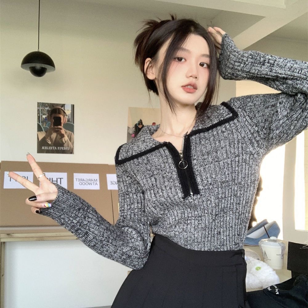翻領拉鏈毛衣女春秋新款設計感溫柔軟糯風顯瘦百搭洋氣針織衫上衣