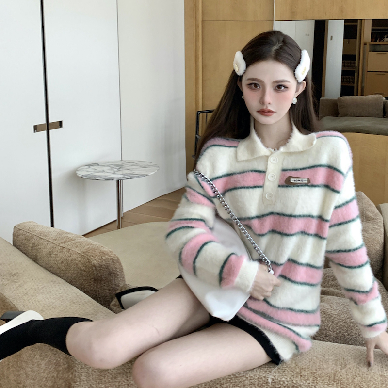 實拍 Polo領條紋仿貂毛針織衫女可愛多巴胺中長款保暖毛衣