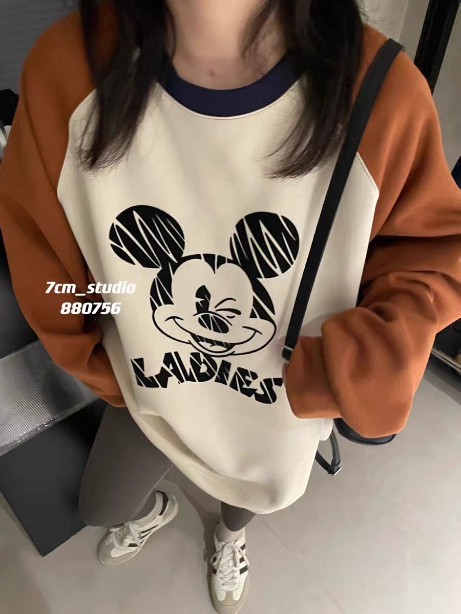 撞色拼接插肩袖長袖衛衣女2023秋冬加絨韓版寬鬆卡通印花上衣