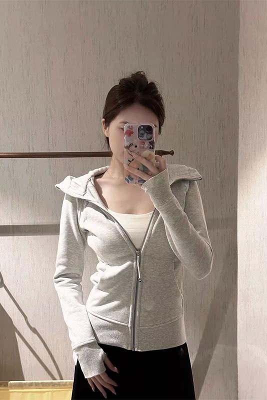 2023 official picture Chinese cotton composite milk silk hooded sweatshirt for women spring and autumn American retro zipper slim jacket