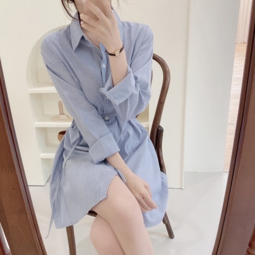 Korean style niche mid-length waist slimming striped temperament shirt dress for women spring and autumn new style