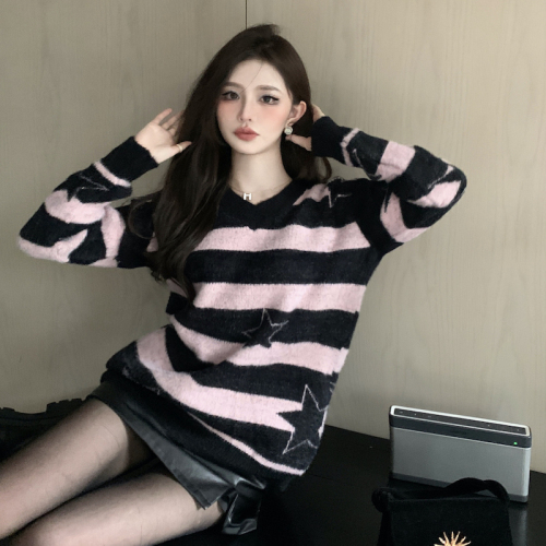 Real shot winter new style~Korean style star striped sweater long-sleeved detachable knitted top for women