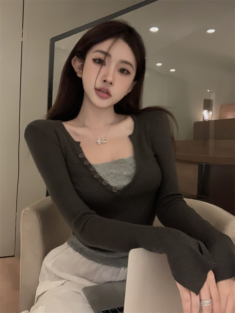 實拍 秋季新款簡單好看的心機假兩件修身長袖針織衫女
